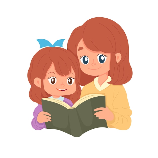 Vector vector illustratie moeder mama sprookje boek lezen aan baby kind dochter thuis