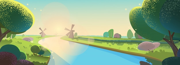 Vector illustratie mooi landschap. zonnige ochtend, zonsopgang op rivier, molens, avond.