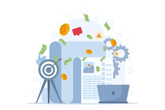 Vector illustratie over het concept van freelance schrijvers die geld verdienen door blogs te monetiseren