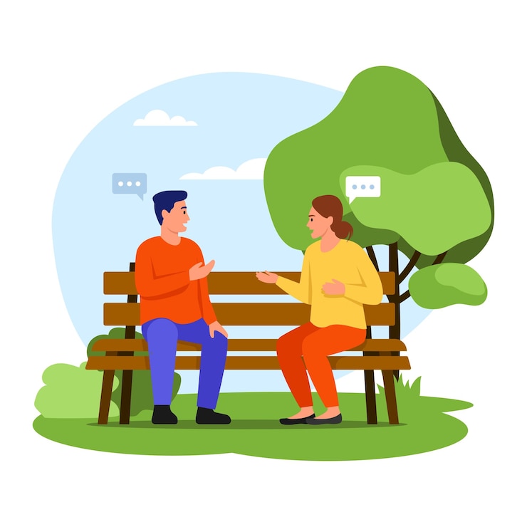 Vector vector illustratie paar zit op een bankje cartoon scène met een man en een meisje zitten op een park bankje en praten op een witte achtergrond