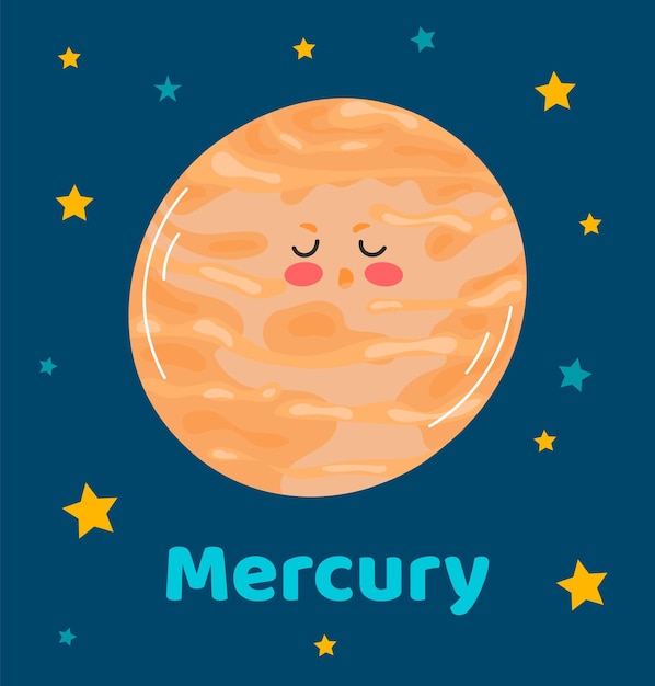 Vector illustratie planeet Mercurius in platte cartoon stijl Poster voor kinderkamer onderwijs Mercurius kaart samenstelling van de planeten sterren kometen sterrenbeelden ruimteschip