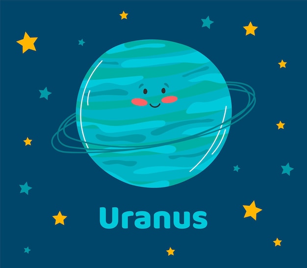 Vector illustratie planeet Uranus in platte cartoon stijl Poster voor kinderkamer onderwijs Uranus kaart samenstelling van de planeten sterren kometen sterrenbeelden ruimteschip