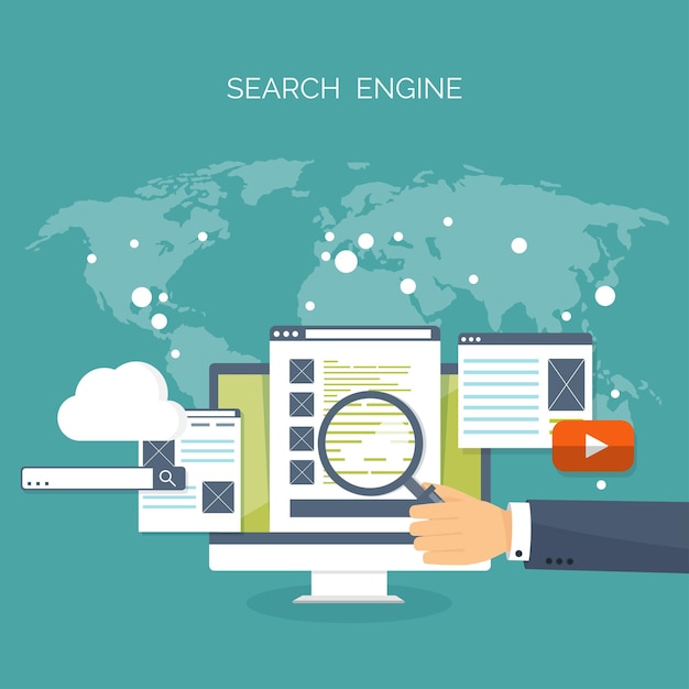 Vector illustratie platte achtergrond codering programmeren en seo zoekmachine optimalisatie app