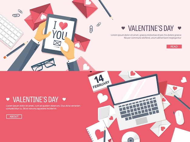 Vector vector illustratie platte achtergrond met tablet laptop liefde en harten valentijnsdag wees mijn