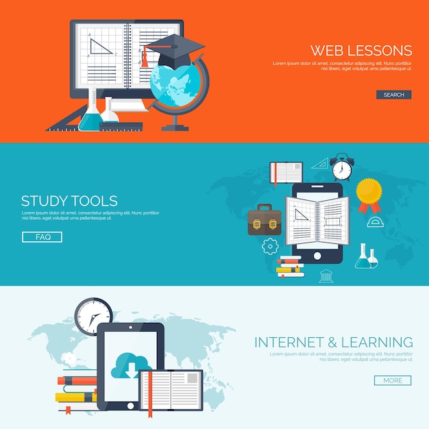 Vector illustratie platte achtergronden instellen afstandsonderwijs leren online cursussen webschool