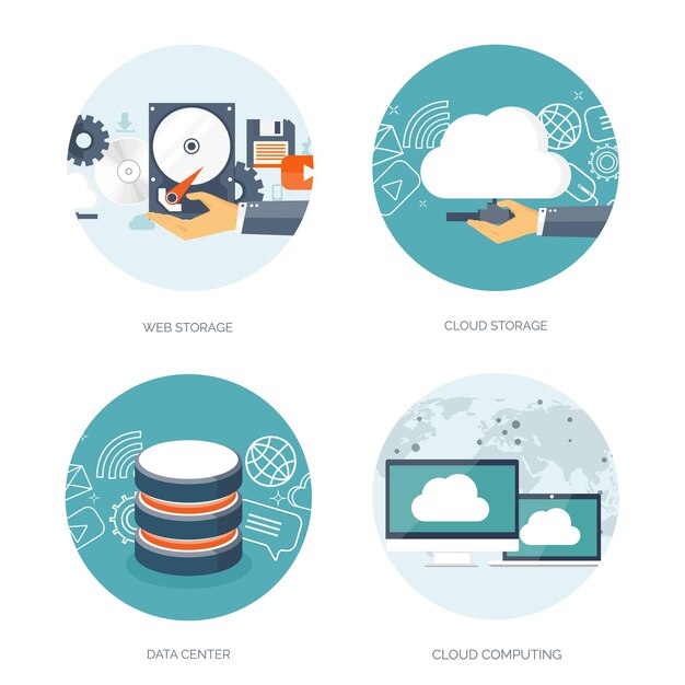 Vector illustratie platte cloud computing achtergrond gegevensopslag netwerktechnologie multimedia