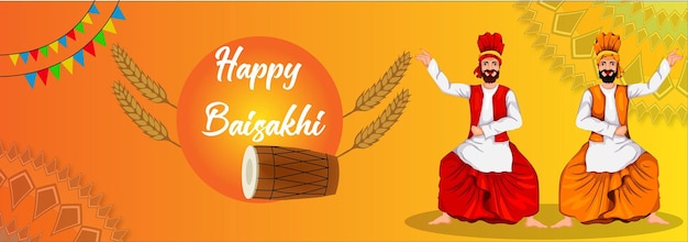 Vector illustratie poster van Happy Baisakhi viering met Punjabi mannen doen bhangra
