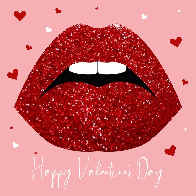 Vector vector illustratie rode sexy glanzende vrouwelijke lippen op een roze achtergrond met harten