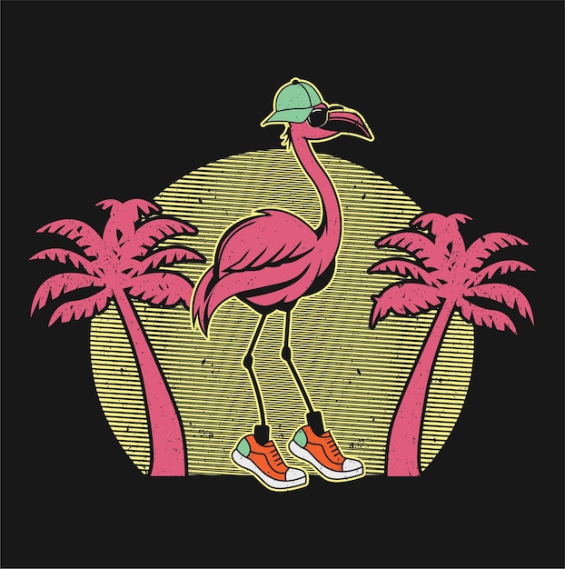 Vector vector illustratie roze flamingo geïsoleerd op zwarte achtergrond