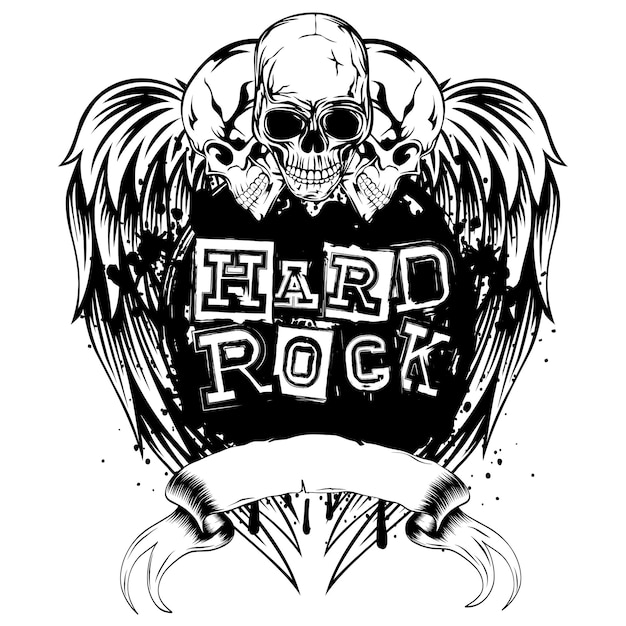 Vector vector illustratie schedels en belettering hard rock op vleugels