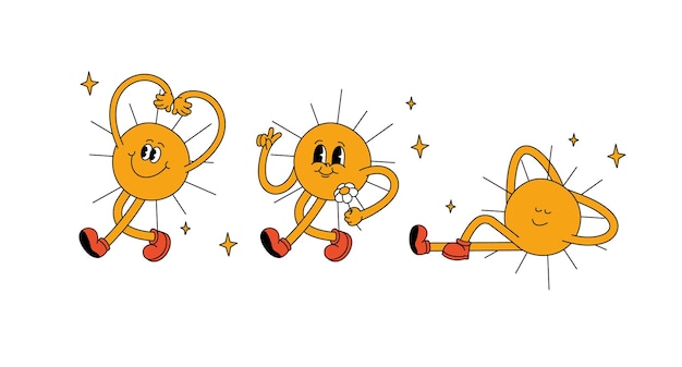 Vector illustratie set karakter zon met gelukkig gezicht n retro stijl Groovy sticker met plant voor