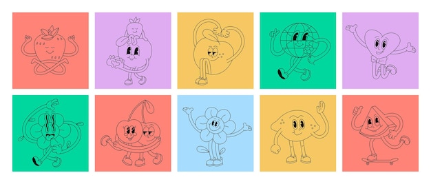 Vector illustratie set karakters in retro stijl Groovy stickers om af te drukken