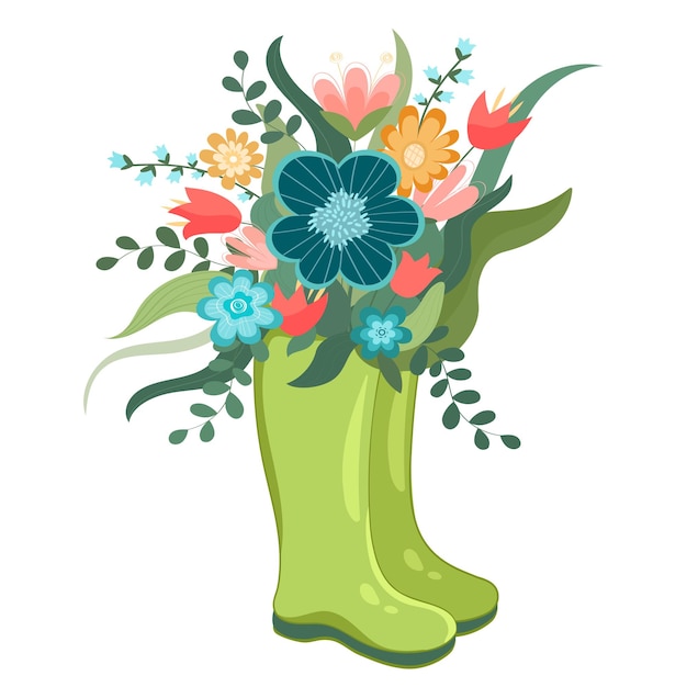 Vector illustratie set lente laarzen met bloeiend boeket lente bloemen katoen