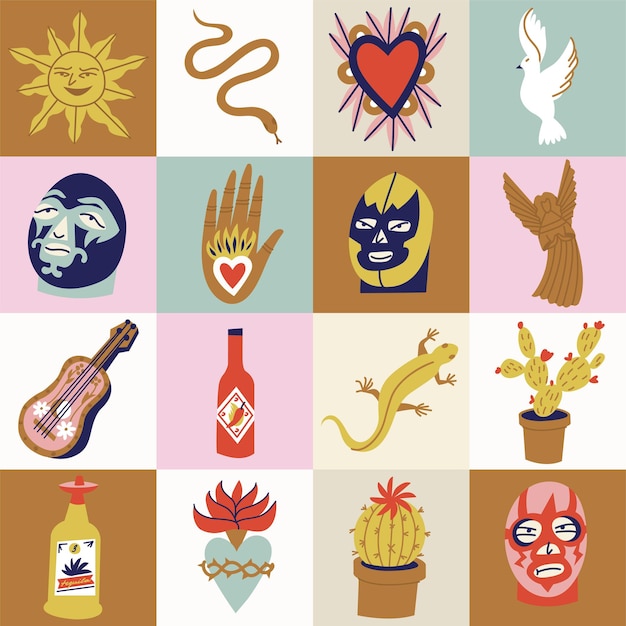 Vector illustratie set Mexicaanse cultuur symbolen met traditionele objecten katholieke religie symbolische.