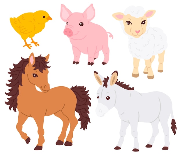 Vector vector illustratie set schattige boerderijdieren voor digitale stempelwenskaartstickericonontwerp