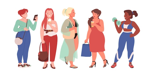 Vector vector illustratie set van mooie vrouwen met overgewicht en bochtige meisjes modieuze plus size vrouw