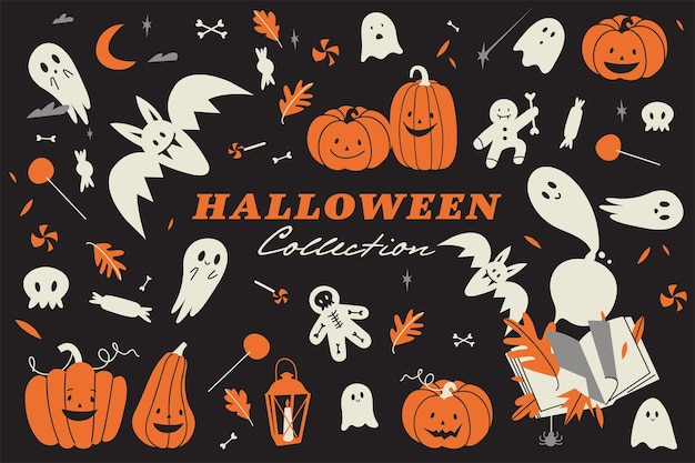 Vector illustratie set van traditionele Halloween decoraties Herfst viering folder Leuke Halloween karakters