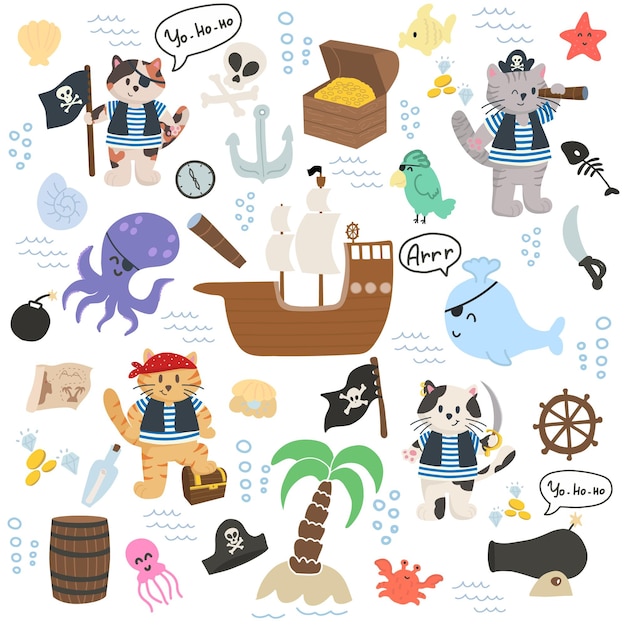 Vector illustratie tekens piraten katten andxApirate bundel schip walvis eiland octopus borst