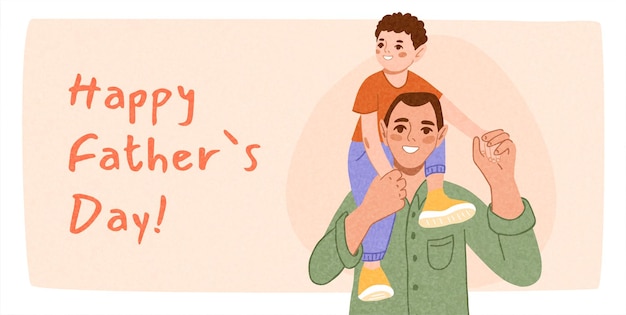 Vector illustratie vadersdag met vader die zoon op zijn schouders draagt gelukkig gezinsmoment platte stijl