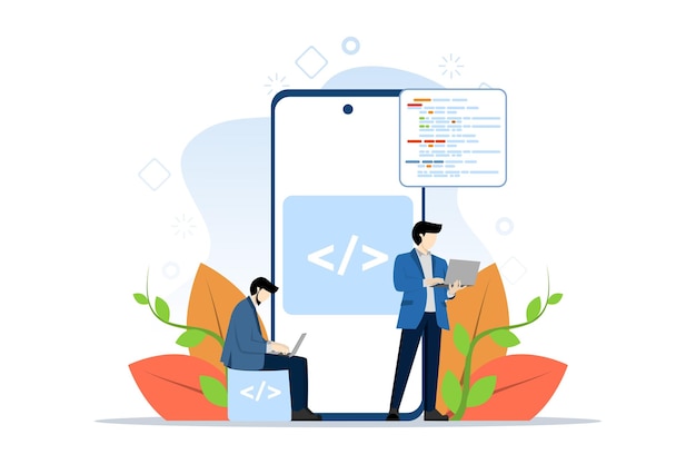 Vector illustratie van App Development Concept met mensen die web- en appontwikkeling doen