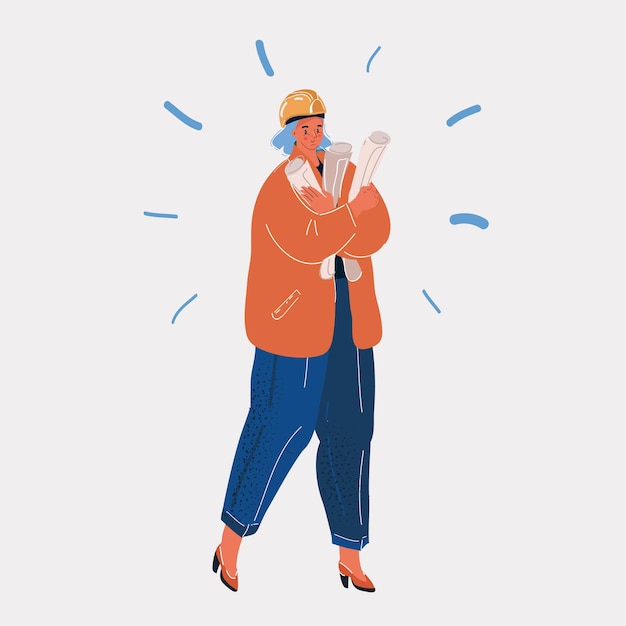 Vector illustratie van bouwers in oranje overalls en helmen Vector illustratie Vrouwelijke bouwer met tekeningen