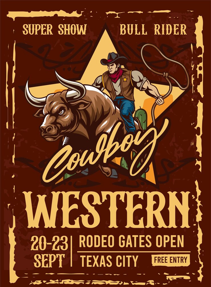 Vector vector illustratie van cowboy riding bull met vintage illustratie beschikbaar voor poster
