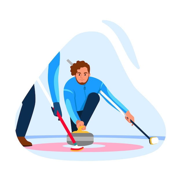 Vector illustratie van curling spel Cartoon scène met een man die curling speelt op het ijs en de puck lanceert met behulp van borstels naar het doel geïsoleerd op een wit een spel op het ijs tussen teams