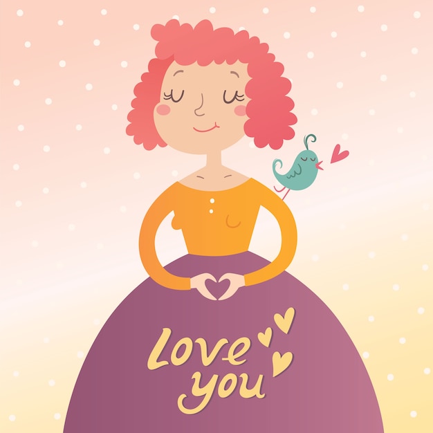 Vector illustratie van de jonge vrouw in liefde. valentijnsdagkaart