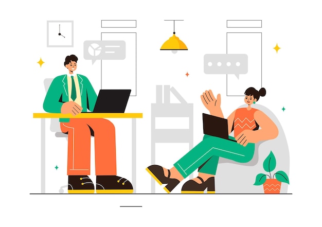 Vector illustratie van een coworking bedrijf met collega's praten vergadering en werken in een platte stijl cartoon kantoor achtergrond