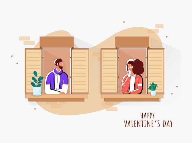 Vector illustratie van een jong koppel op zoek elkaar vanuit hun raam voor happy valentine's day concept.