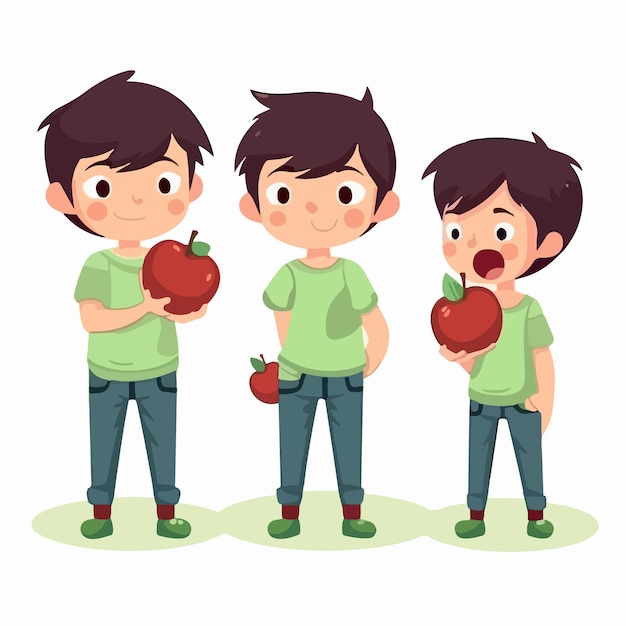 Vector illustratie van een jonge jongen met een appel cartoon pose