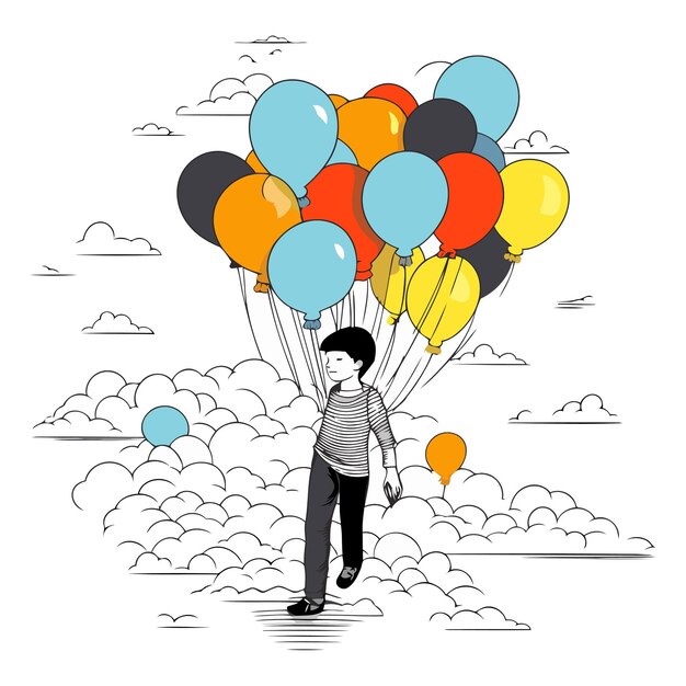 Vector vector illustratie van een jongen die vliegt op een stel ballonnen in de lucht