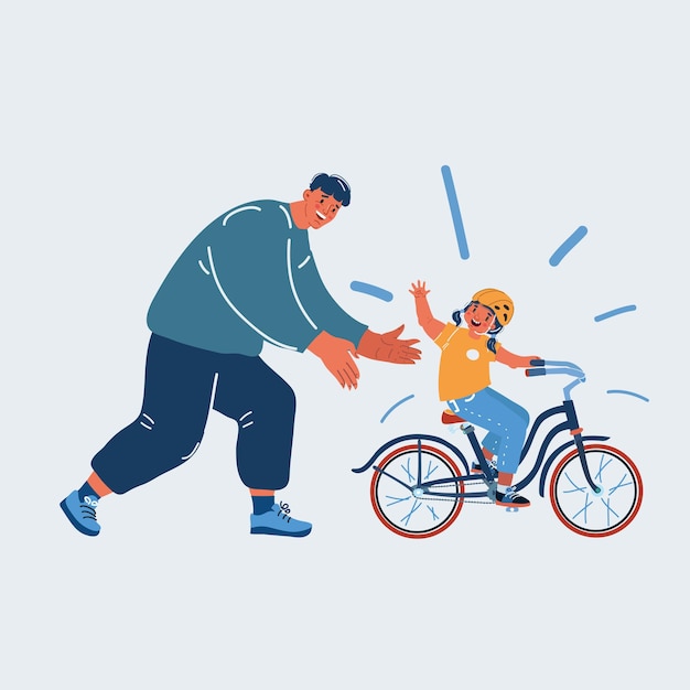 Vector illustratie van een klein meisje dat voor het eerst leert fietsen met haar vader Vaderdag concept