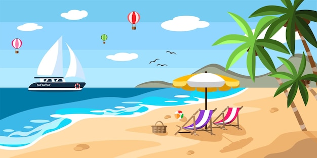Vector illustratie van een mooie zomerse strand Cartoon strand landschap met ligstoel paraplu bal kokospalmen bergen schip en hete lucht ballonnen