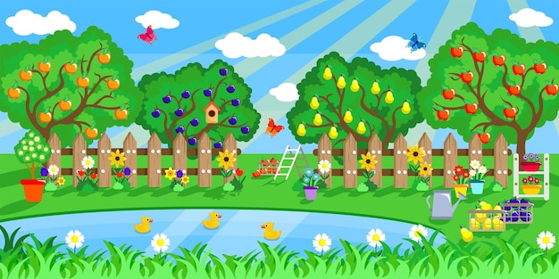 Vector illustratie van een mooie zomertuin Cartoon tuinlandschap met meer met eenden bloemenoogst van appels, peren en pruimen