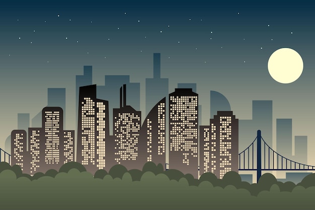 vector illustratie van een nachtelijke stad op de achtergrond van de maan en de brug