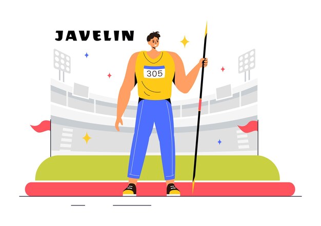 Vector illustratie van een speerwerper die een lang speervormig gereedschap gebruikt om zo ver mogelijk te gooien in een vlakke achtergrond van een sportactiviteit