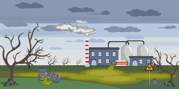 Vector illustratie van een verschrikkelijke ecologie vervuiling Cartoon illustratie van ecologie problemen met fabriekspijpen die rook uitstoten en vuile lucht water en chemicaliën maken die het milieu vervuilen