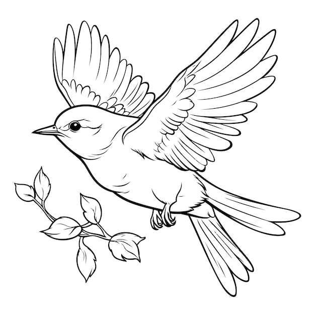 Vector vector illustratie van een vogel met uitgestrekte vleugels en een tak in zijn snavel