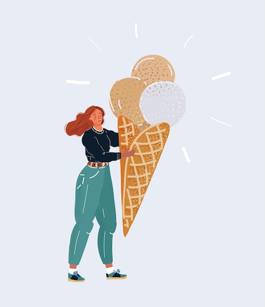 Vector illustratie van Gelukkige vrouw die groot roomijs eet dat op wit wordt geïsoleerd