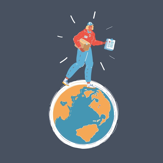 Vector illustratie van Global delivery Courier walk on earth globe op donkere achtergrond