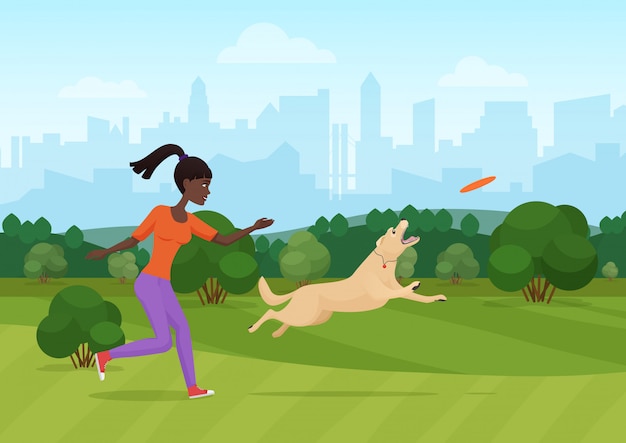 Vector illustratie van het Afrikaanse vrouw spelen met hond in park.