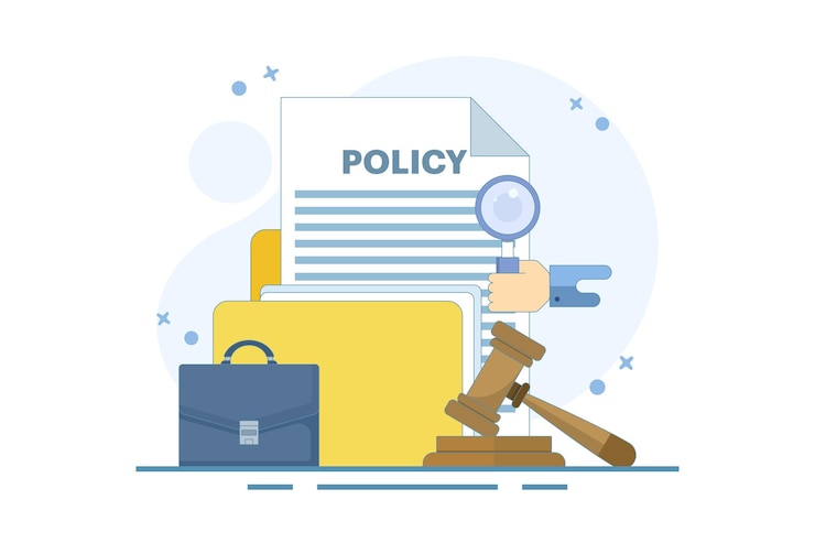 Vector vector illustratie van juridisch beleid concept met beleid document en rechters hamer ontwerp