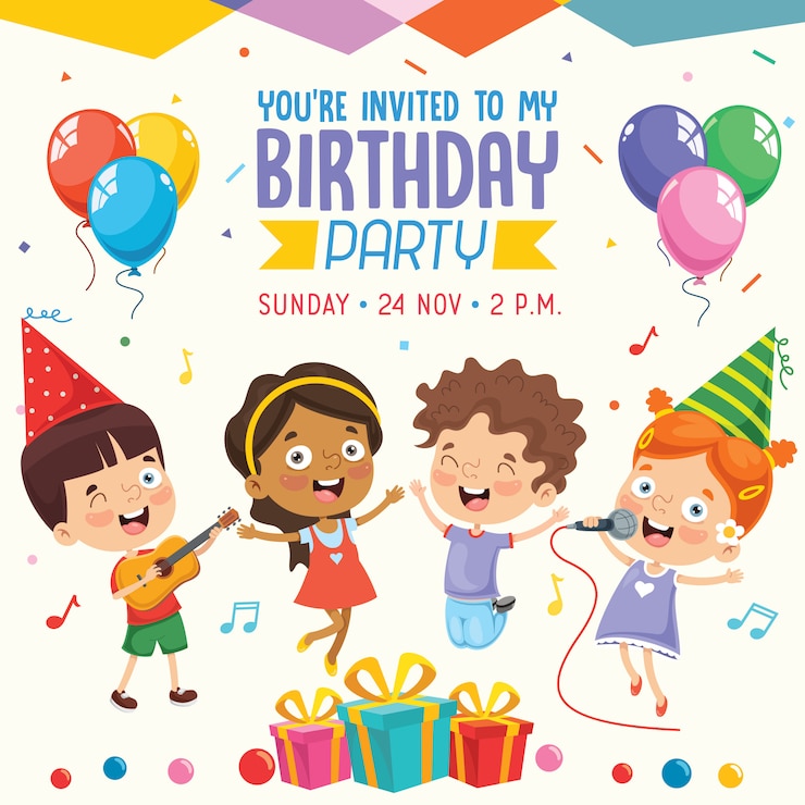 Vector vector illustratie van kinderen verjaardagsfeestje uitnodiging kaart ontwerp