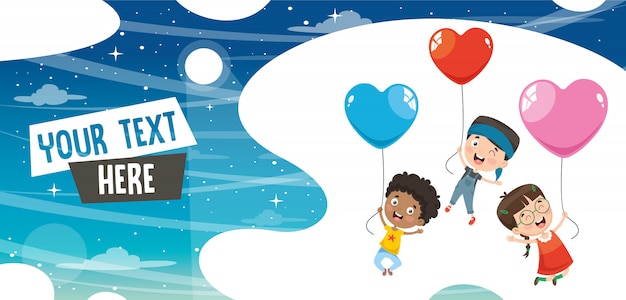 Vector illustratie van kinderen vliegen met ballonnen