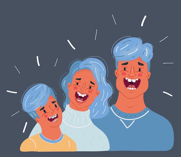 Vector illustratie van lachende familie Vader moeder en zoon Man en vrouw Komische gezichten expressie Humoristische scène op een donkere achtergrond