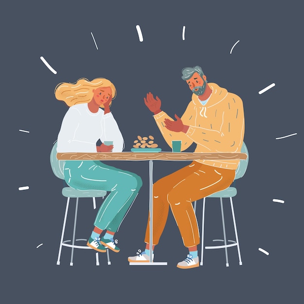 Vector illustratie van Man en vrouw Fustrated triest paar Pratende vrienden zitten aan café tafel Menselijke karakters op donkere achtergrond