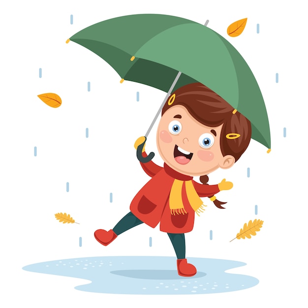 Vector Illustratie Van Meisje Spelen Onder Regen