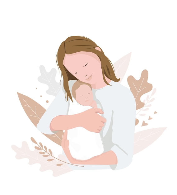 Vector illustratie van moeder die baby in de armen houdt Moeder met een baby in haar hand