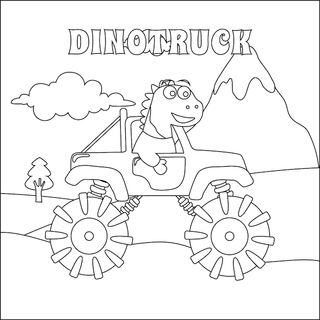 Vector illustratie van monstertruck met schattige dinosaurus bestuurder Cartoon geïsoleerde vectorillustratie